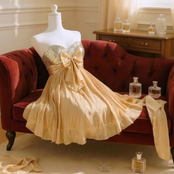 Sherri Hill Golden Prom Dress – Strapless Silk Mini, Sequins & Bow – Size 0 - Picture 1 of 17